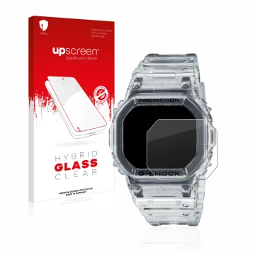 Front side of a product packaging with the brand logo upscreen. Next to it is the device Casio G-Shock DW-5600SKE-7 shown with