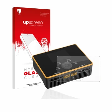Front side of a product packaging with the brand logo upscreen. Next to it is the device Junsi iCharger DX8 Duo shown with the