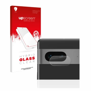 Front side of a product packaging with the brand logo upscreen. Next to it is the device Google Pixel 7 (ONLY Camera Lens) sho