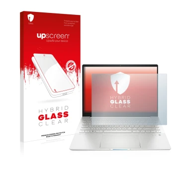 Front side of a product packaging with the brand logo upscreen. Next to it is the device HP Pavilion Plus 14-eh shown with the