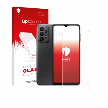 Front side of a product packaging with the brand logo upscreen. Next to it is the device Samsung Galaxy A23 5G (Front+Camera) 