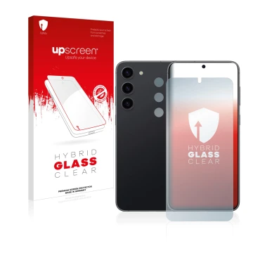 Front side of a product packaging with the brand logo upscreen. Next to it is the device Samsung Galaxy S23 Plus (Front+Camera