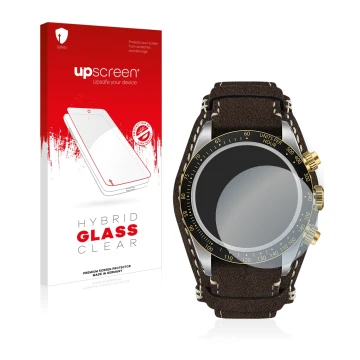 Front side of a product packaging with the brand logo upscreen. Next to it is the device Tudor Black Bay Chrono 41mm shown wit