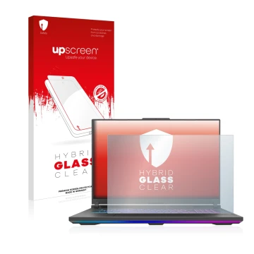 Front side of a product packaging with the brand logo upscreen. Next to it is the device ASUS ROG Strix G18 G814 2023 shown wi