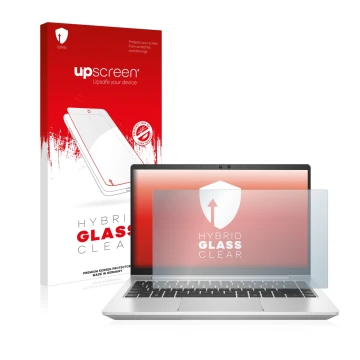 Front side of a product packaging with the brand logo upscreen. Next to it is the device HP ProBook 445 G8 shown with the corr