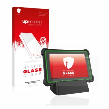 Front side of a product packaging with the brand logo upscreen. Next to it is the device Hella Gutmann Mega Macs X (tablet) sh