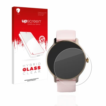 Front side of a product packaging with the brand logo upscreen. Next to it is the device Hama Fit Watch 4910 shown with the co