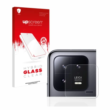 Front side of a product packaging with the brand logo upscreen. Next to it is the device Xiaomi 13 (ONLY Camera Lens) shown wi