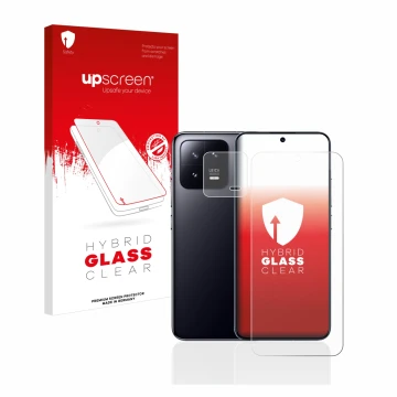 Front side of a product packaging with the brand logo upscreen. Next to it is the device Xiaomi 13 (Front+Camera) shown with t