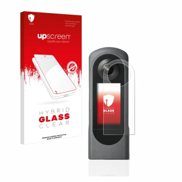 Front side of a product packaging with the brand logo upscreen. Next to it is the device Ricoh Theta X shown with the correspo