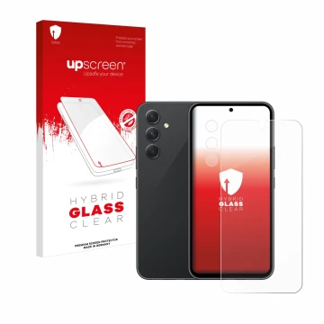 Front side of a product packaging with the brand logo upscreen. Next to it is the device Samsung Galaxy A54 5G (Front+Camera) 