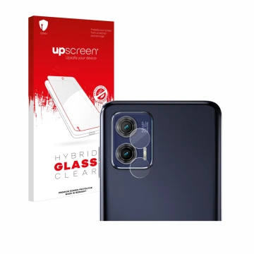 Front side of a product packaging with the brand logo upscreen. Next to it is the device Motorola Moto G73 5G (ONLY Camera Len