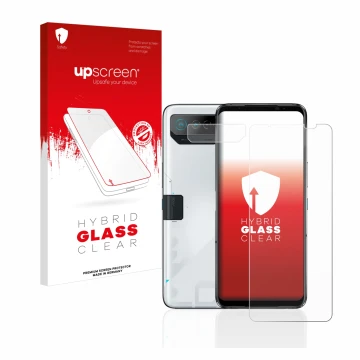 Front side of a product packaging with the brand logo upscreen. Next to it is the device ASUS ROG Phone 7 Ultimate (Front+Came