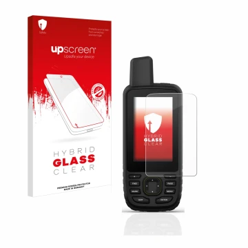 Front side of a product packaging with the brand logo upscreen. Next to it is the device Garmin GPSMAP 67 shown with the corre