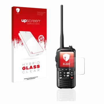 Front side of a product packaging with the brand logo upscreen. Next to it is the device Standard Horizon HX890 shown with the