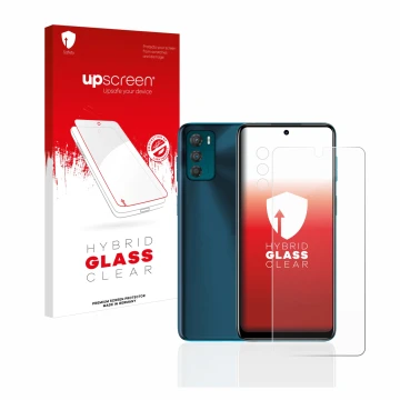 Front side of a product packaging with the brand logo upscreen. Next to it is the device Motorola Moto G42 (Front+Camera) show