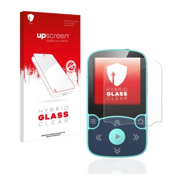 Front side of a product packaging with the brand logo upscreen. Next to it is the device AGPtek A65X MP3 Player with clip show