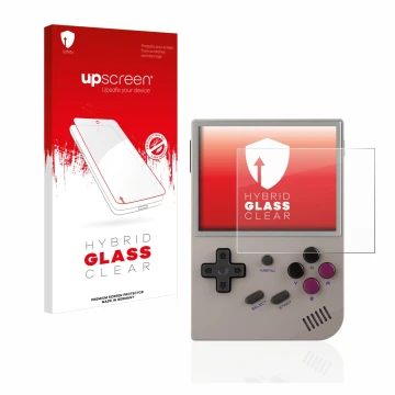 Front side of a product packaging with the brand logo upscreen. Next to it is the device Anbernic RG35XX shown with the corres