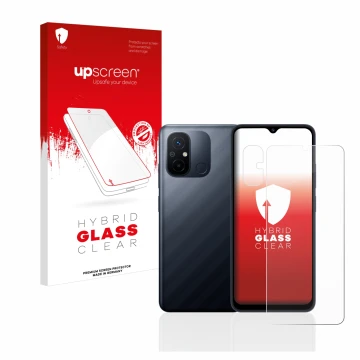 Front side of a product packaging with the brand logo upscreen. Next to it is the device Xiaomi Redmi 12C (Front+Camera) shown