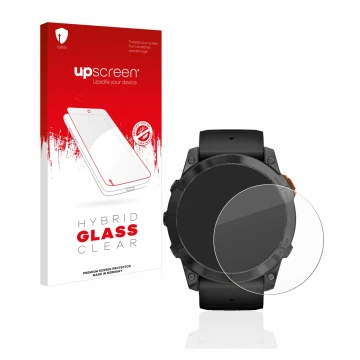 Front side of a product packaging with the brand logo upscreen. Next to it is the device Garmin Fenix 7X Pro Solar (51 mm) sho