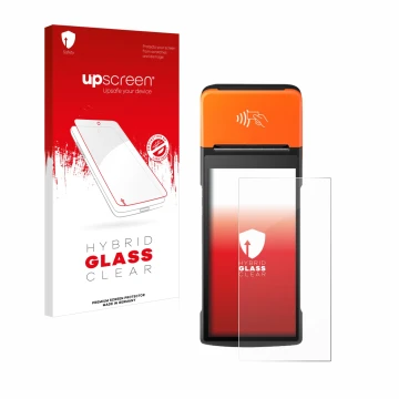 Front side of a product packaging with the brand logo upscreen. Next to it is the device Sunmi V2 Pro shown with the correspon