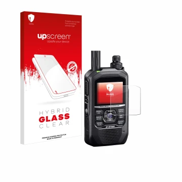 Front side of a product packaging with the brand logo upscreen. Next to it is the device Icom ID-50E shown with the correspond