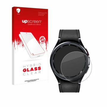 Front side of a product packaging with the brand logo upscreen. Next to it is the device Samsung Galaxy Watch 6 Classic (43 mm