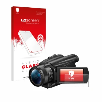 Front side of a product packaging with the brand logo upscreen. Next to it is the device Sony FDR-AX700 shown with the corresp