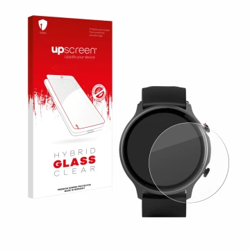 Front side of a product packaging with the brand logo upscreen. Next to it is the device Hama Fit Watch 6910 shown with the co