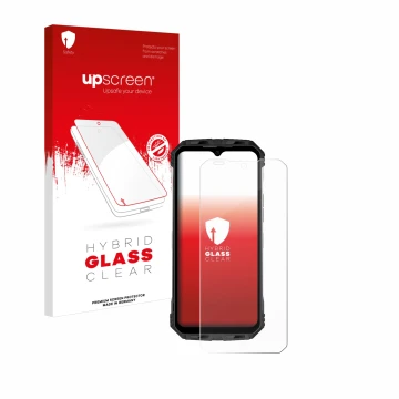 Front side of a product packaging with the brand logo upscreen. Next to it is the device Doogee S110 shown with the correspond