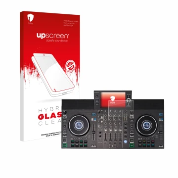 Front side of a product packaging with the brand logo upscreen. Next to it is the device Denon DJ SC LIVE 4 shown with the cor