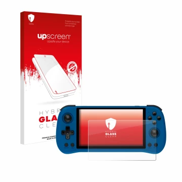 Front side of a product packaging with the brand logo upscreen. Next to it is the device Powkiddy X55 shown with the correspon
