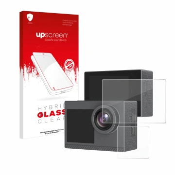 Front side of a product packaging with the brand logo upscreen. Next to it is the device Akaso Brave 4 Pro shown with the corr
