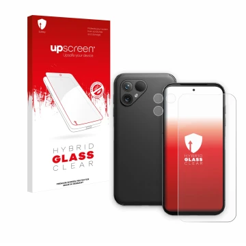 Front side of a product packaging with the brand logo upscreen. Next to it is the device Fairphone 5 (Front+Camera) shown with