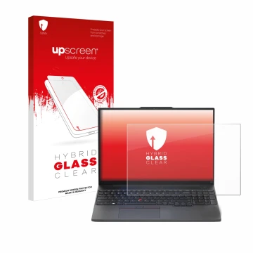 Front side of a product packaging with the brand logo upscreen. Next to it is the device Lenovo ThinkPad E16 Gen 1 shown with 