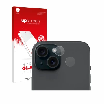 Front side of a product packaging with the brand logo upscreen. Next to it is the device Apple iPhone 15 (ONLY Camera Lens) sh