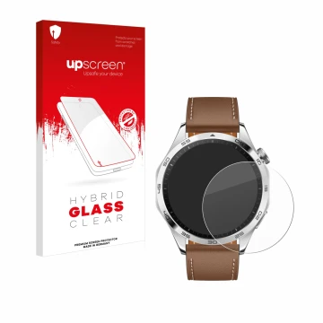 Front side of a product packaging with the brand logo upscreen. Next to it is the device Huawei Watch GT 4 (46mm) shown with t