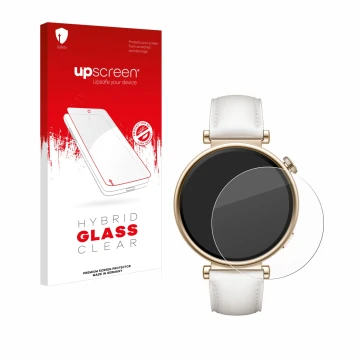 Front side of a product packaging with the brand logo upscreen. Next to it is the device Huawei Watch GT 4 (41mm) shown with t