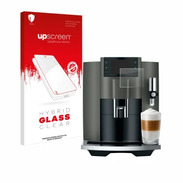 Front side of a product packaging with the brand logo upscreen. Next to it is the device Jura E8 (EC) shown with the correspon
