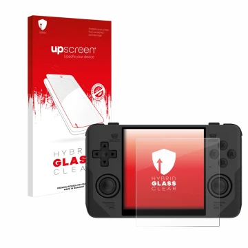 Front side of a product packaging with the brand logo upscreen. Next to it is the device Powkiddy RGB30 shown with the corresp