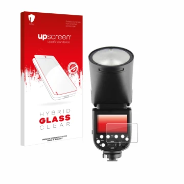 Front side of a product packaging with the brand logo upscreen. Next to it is the device Godox V1 shown with the corresponding