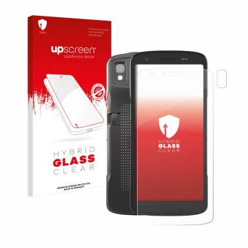 Front side of a product packaging with the brand logo upscreen. Next to it is the device Zebra TC27 (Front+Camera) shown with 