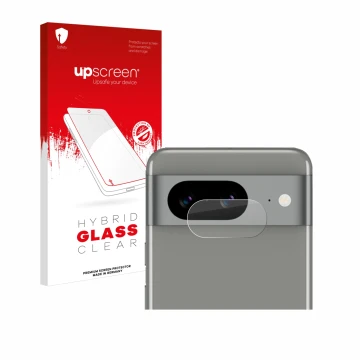 Front side of a product packaging with the brand logo upscreen. Next to it is the device Google Pixel 8 (ONLY Camera Lens) sho