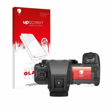 Front side of a product packaging with the brand logo upscreen. Next to it is the device Fujifilm GFX100 II (top plate display