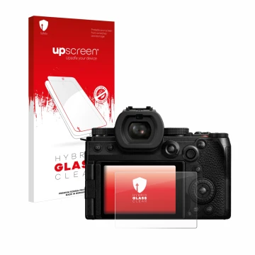 Front side of a product packaging with the brand logo upscreen. Next to it is the device Panasonic Lumix DC-S5M2X shown with t
