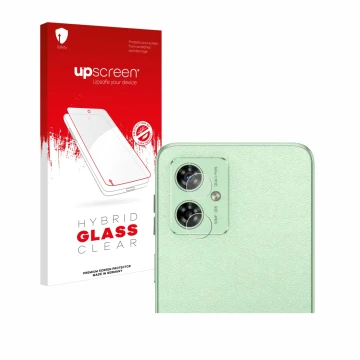 Front side of a product packaging with the brand logo upscreen. Next to it is the device Motorola Moto G54 (ONLY Camera Lens) 