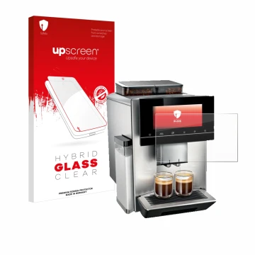 Front side of a product packaging with the brand logo upscreen. Next to it is the device Siemens EQ900 TQ907D03 shown with the