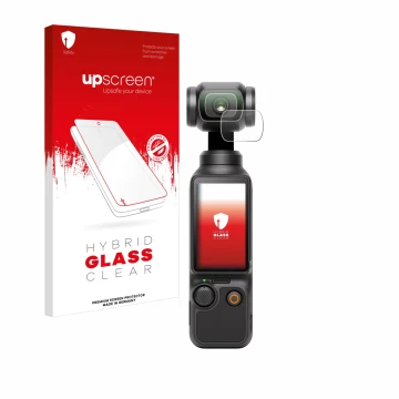 Front side of a product packaging with the brand logo upscreen. Next to it is the device DJI Osmo Pocket 3 (Lens) shown with t