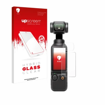 Front side of a product packaging with the brand logo upscreen. Next to it is the device DJI Osmo Pocket 3 (Display + Lens) sh