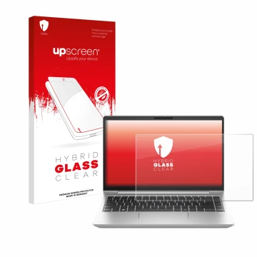 Front side of a product packaging with the brand logo upscreen. Next to it is the device HP ProBook 445 G10 shown with the cor